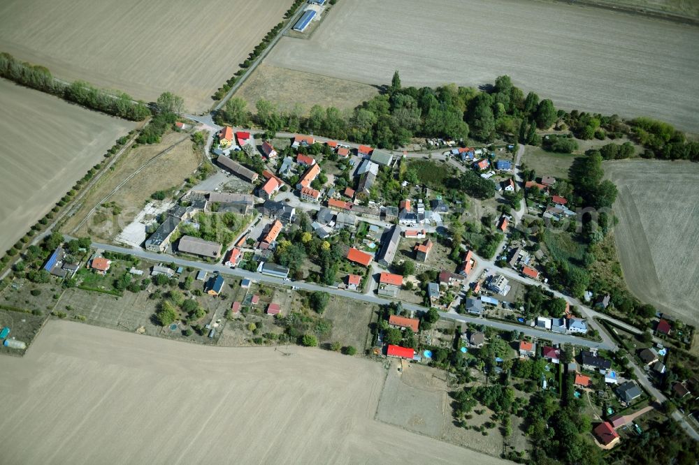 Aerial image Eismannsdorf - Agricultural land and field borders surround the settlement area of the village in Eismannsdorf in the state Saxony-Anhalt, Germany