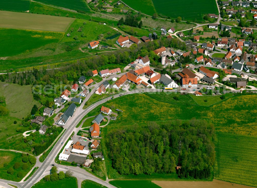 Albeck from above - Agricultural land and field boundaries surround the settlement area of the village in Albeck in the state Baden-Wuerttemberg, Germany