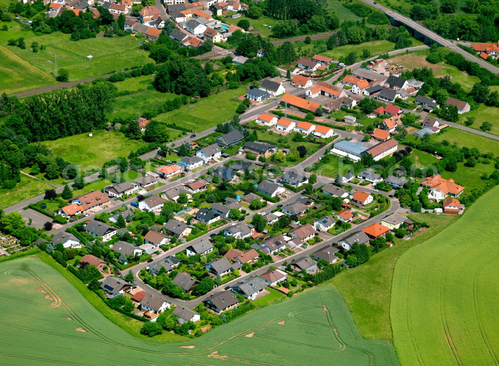 Alsenbrück-Langmeil from the bird's eye view: Agricultural land and field boundaries surround the settlement area of the village in Alsenbrück-Langmeil in the state Rhineland-Palatinate, Germany