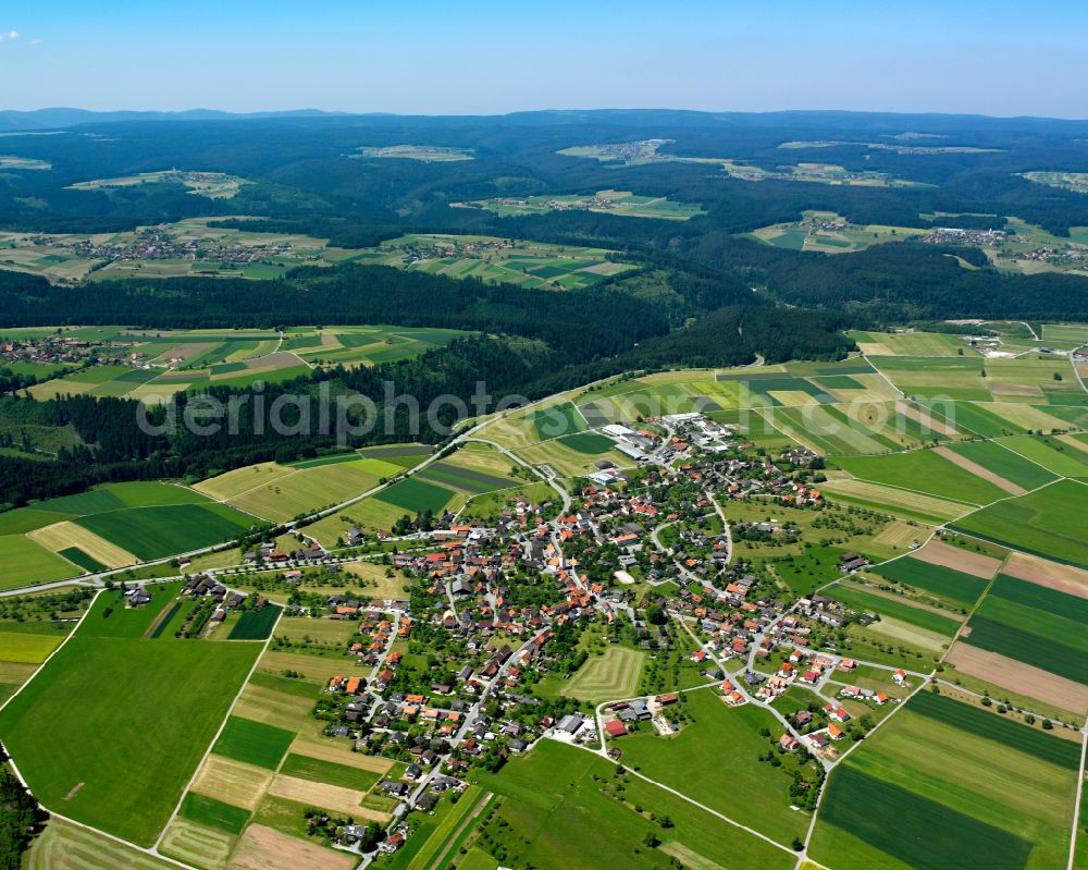 Altensteig from the bird's eye view: Agricultural land and field boundaries surround the settlement area of the village in Altensteig in the state Baden-Wuerttemberg, Germany