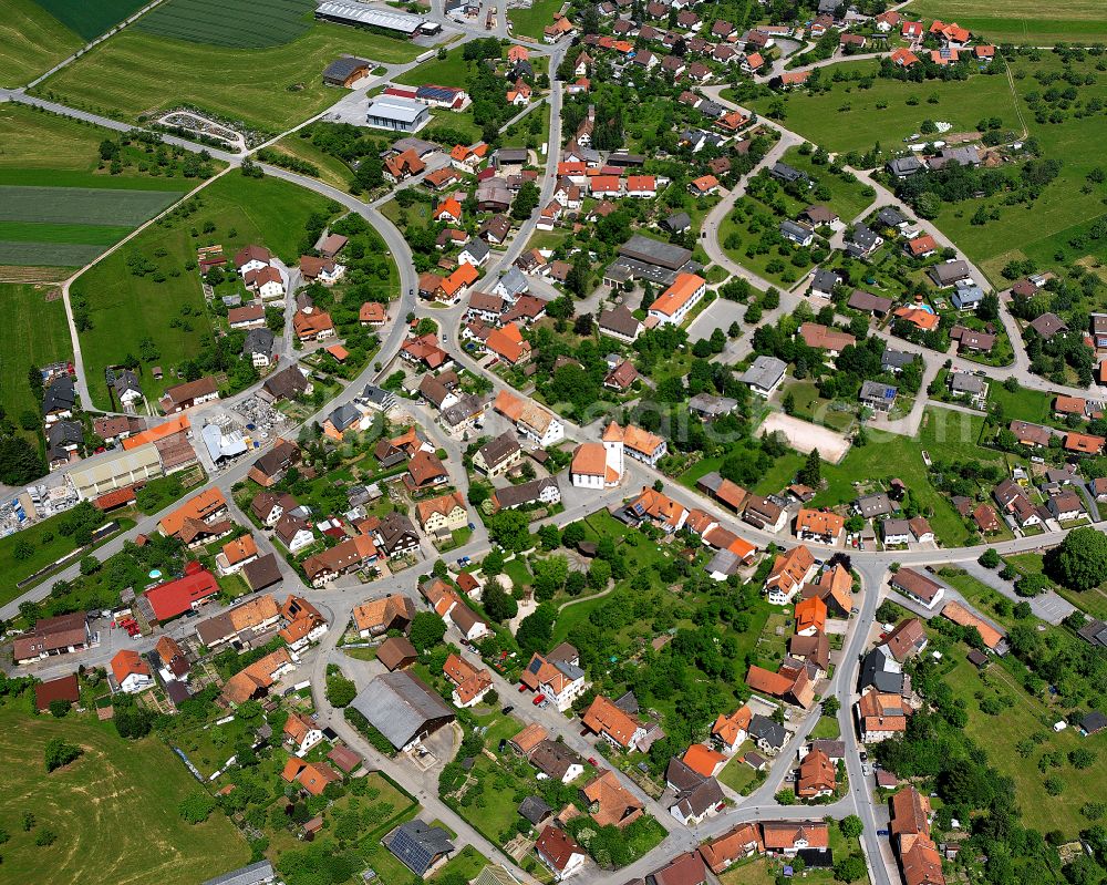 Altensteig from the bird's eye view: Agricultural land and field boundaries surround the settlement area of the village in Altensteig in the state Baden-Wuerttemberg, Germany