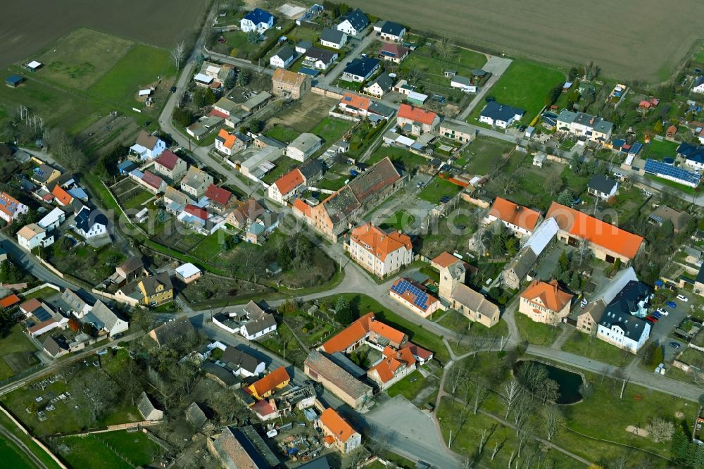 Asendorf from above - Agricultural land and field boundaries surround the settlement area of the village in Asendorf in the state Saxony-Anhalt, Germany