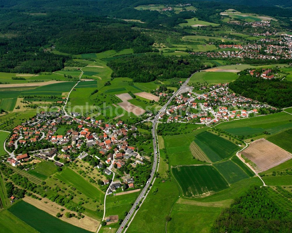 Aerial image Backnang - Agricultural land and field boundaries surround the settlement area of the village in Backnang in the state Baden-Wuerttemberg, Germany