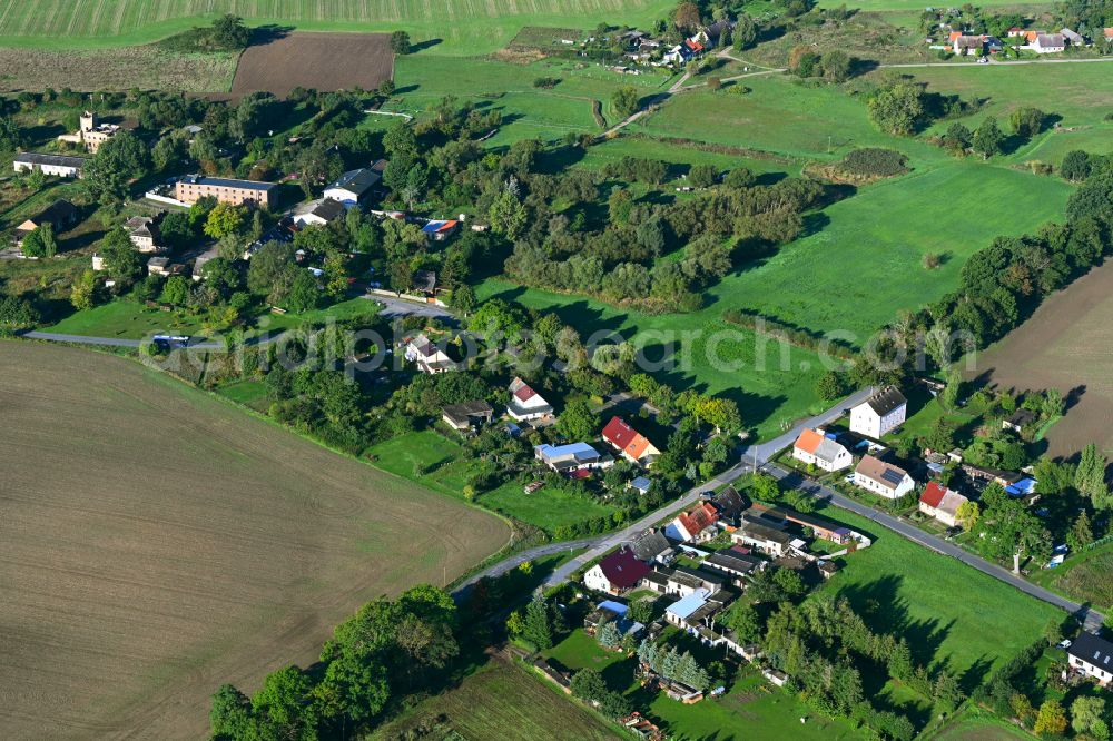 Badingen from above - Agricultural land and field boundaries surround the settlement area of the village in Badingen in the state Brandenburg, Germany