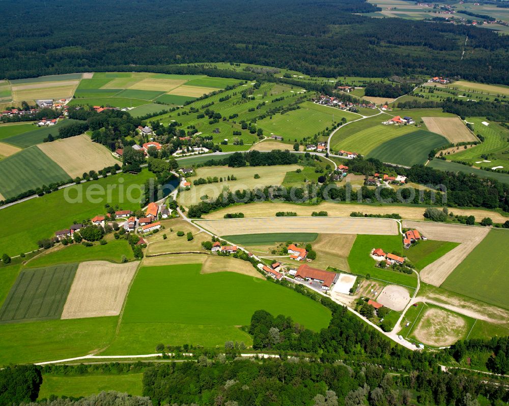 Au from the bird's eye view: Agricultural land and field boundaries surround the settlement area of the village in Au in the state Bavaria, Germany