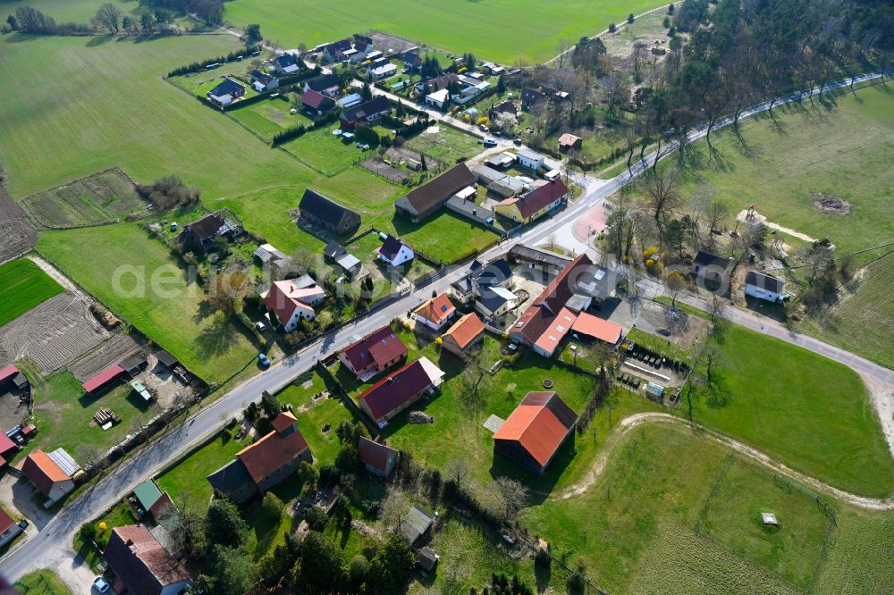 Aerial image Benken - Agricultural land and field boundaries surround the settlement area of the village in Benken in the state Brandenburg, Germany