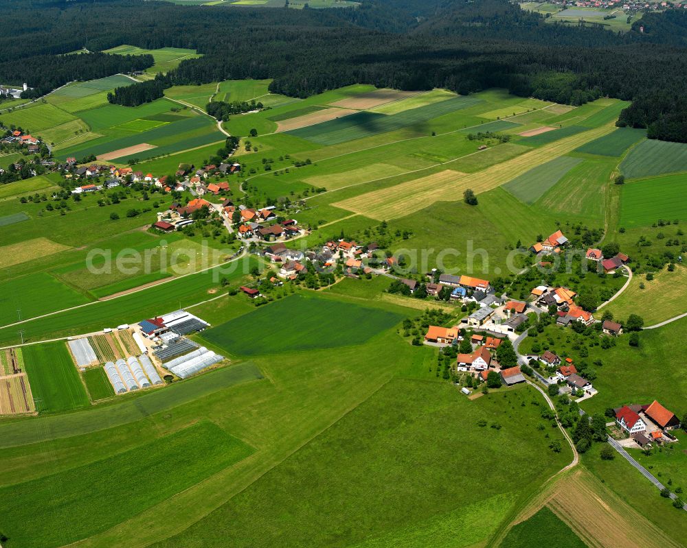 Überberg from the bird's eye view: Agricultural land and field boundaries surround the settlement area of the village in Überberg in the state Baden-Wuerttemberg, Germany