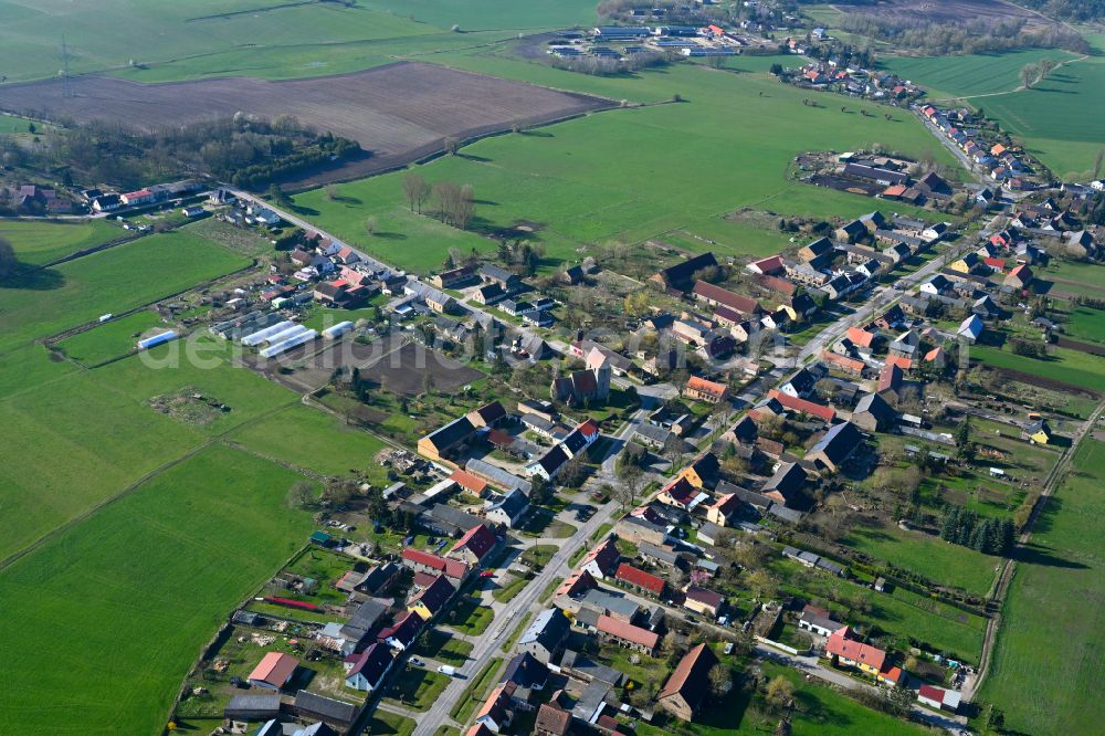 Bergsdorf from the bird's eye view: Agricultural land and field boundaries surround the settlement area of the village in Bergsdorf in the state Brandenburg, Germany