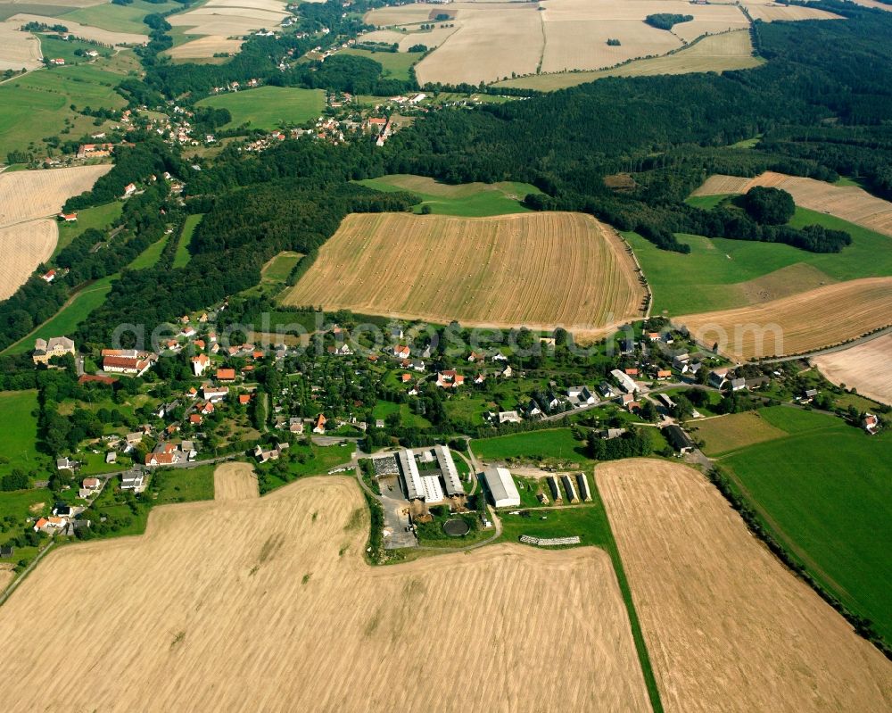 Aerial image Bieberstein - Agricultural land and field boundaries surround the settlement area of the village in Bieberstein in the state Saxony, Germany