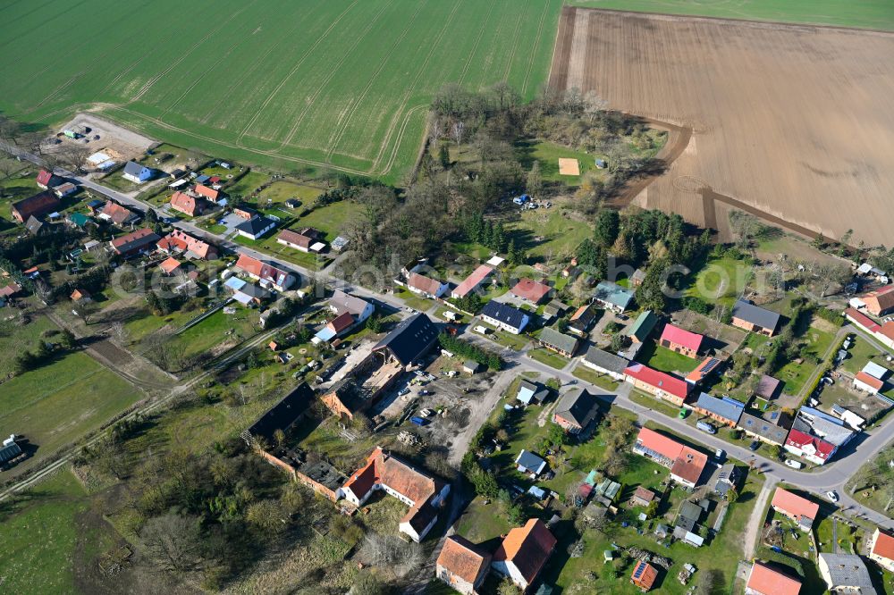 Aerial image Biesen - Agricultural land and field boundaries surround the settlement area of the village in Biesen in the state Brandenburg, Germany