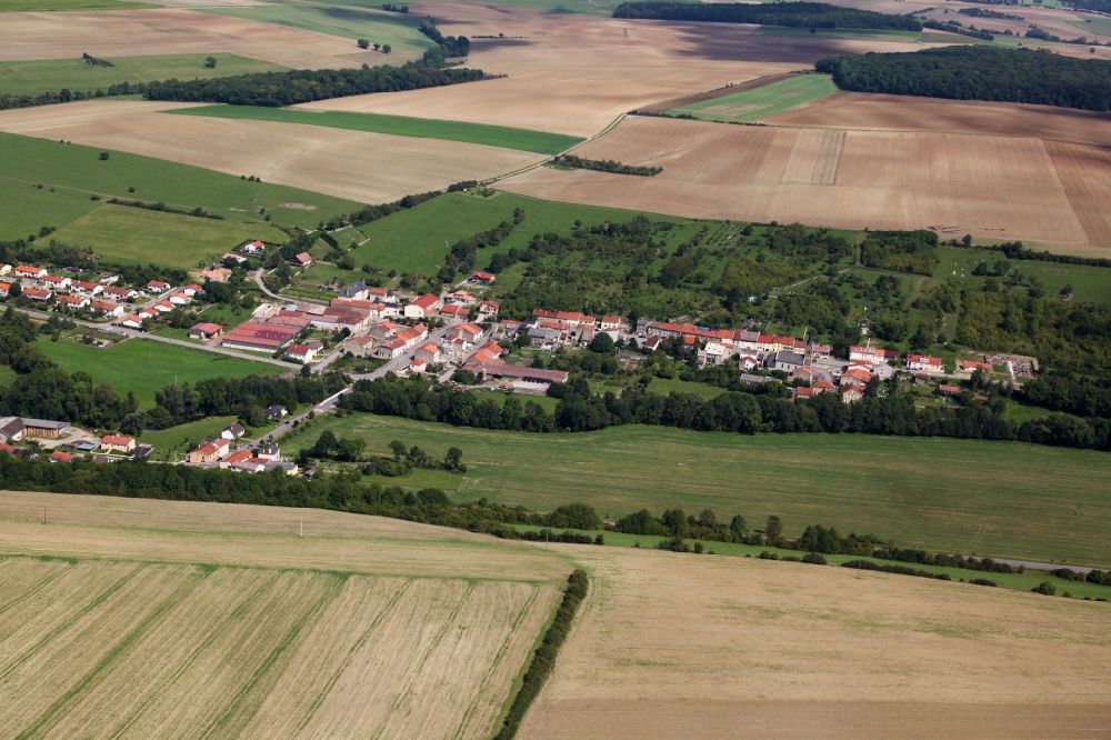 Aerial photograph Bionville-sur-Nied - Agricultural land and field boundaries surround the settlement area of the village in Bionville-sur-Nied in Grand Est, France