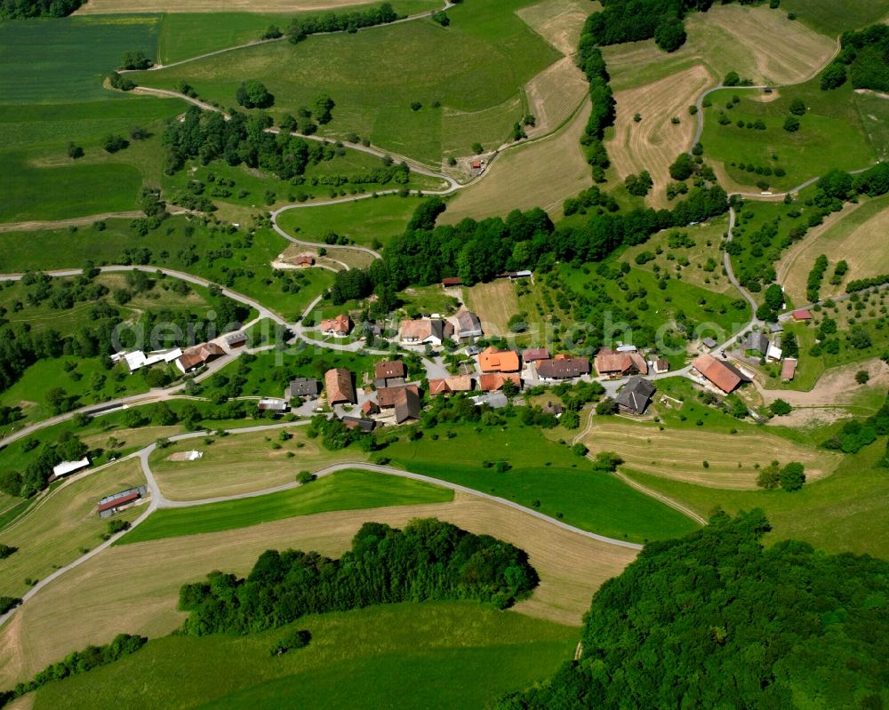 Birkingen from above - Agricultural land and field boundaries surround the settlement area of the village in Birkingen in the state Baden-Wuerttemberg, Germany