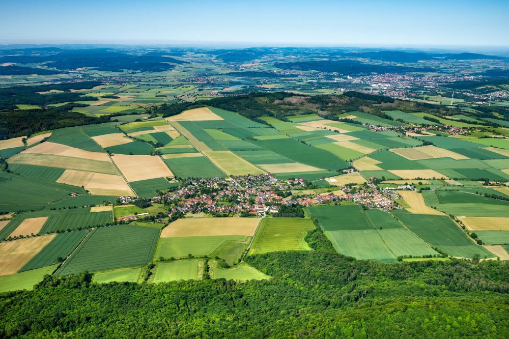 Aerial photograph Bisperode - Agricultural land and field boundaries surround the settlement area of the village on street Echterseweg in Bisperode in the state Lower Saxony, Germany