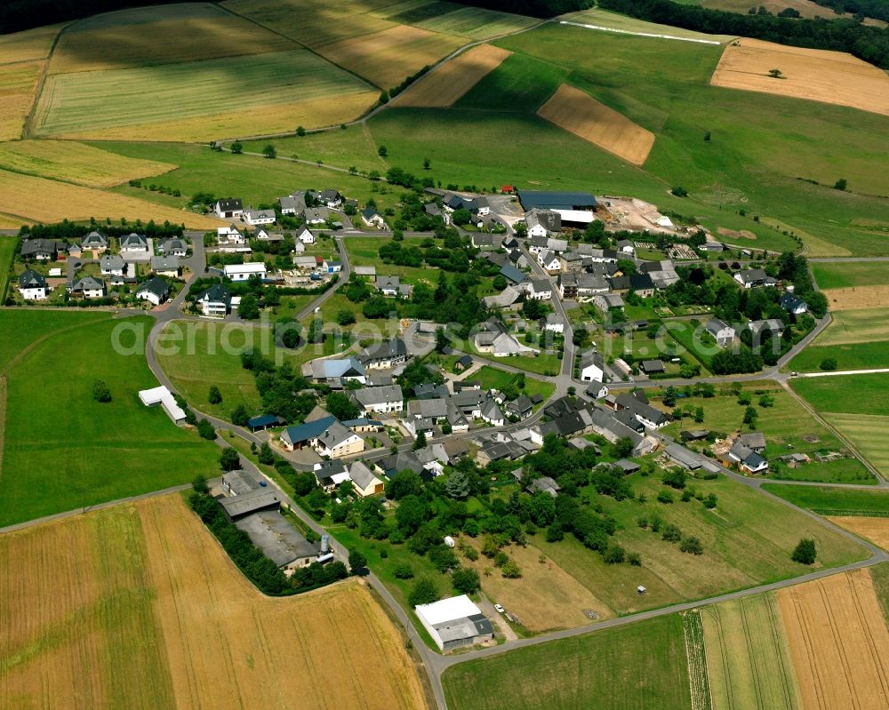 Aerial photograph Bollenbach - Agricultural land and field boundaries surround the settlement area of the village in Bollenbach in the state Rhineland-Palatinate, Germany