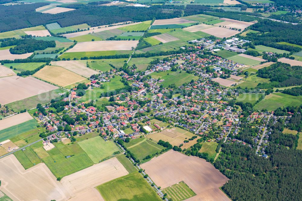 Brackel from the bird's eye view: Agricultural land and field boundaries surround the settlement area of the village in Brackel in the state Lower Saxony, Germany