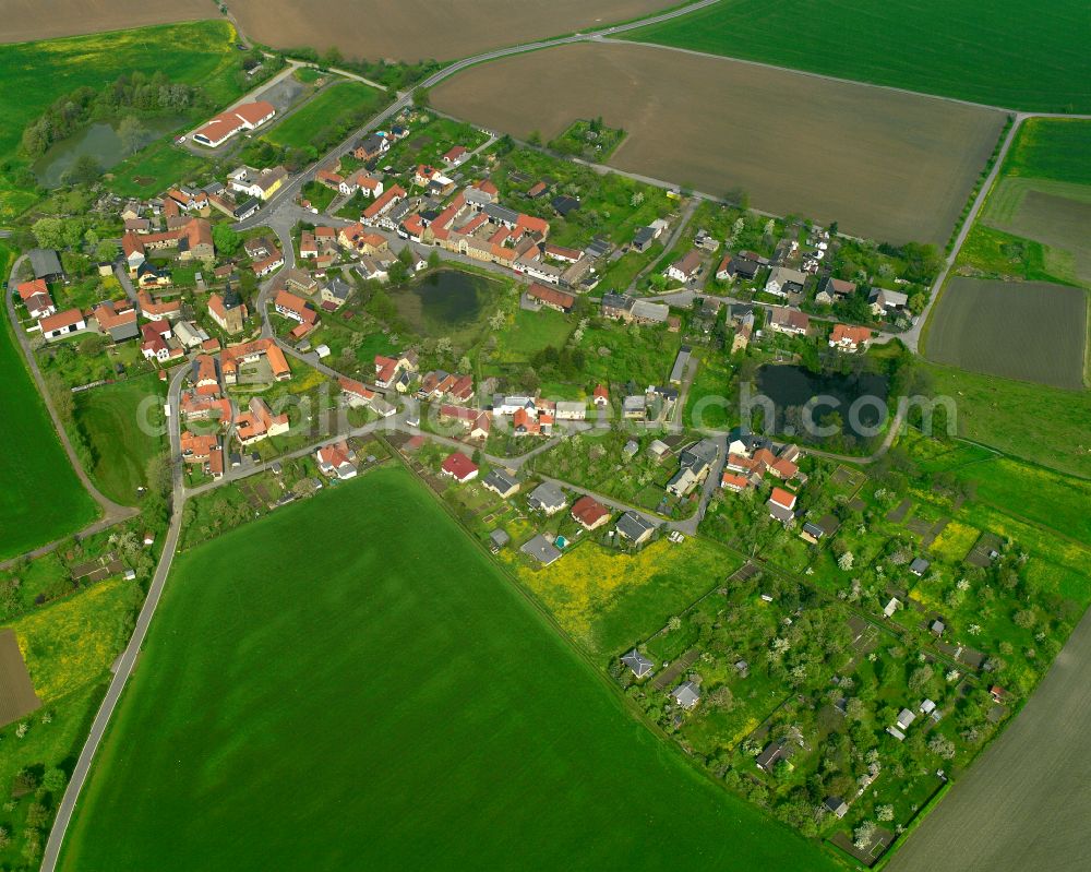 Braunsdorf from above - Agricultural land and field boundaries surround the settlement area of the village in Braunsdorf in the state Thuringia, Germany