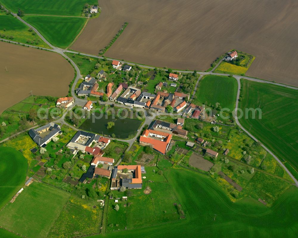 Braunsdorf from the bird's eye view: Agricultural land and field boundaries surround the settlement area of the village in Braunsdorf in the state Thuringia, Germany