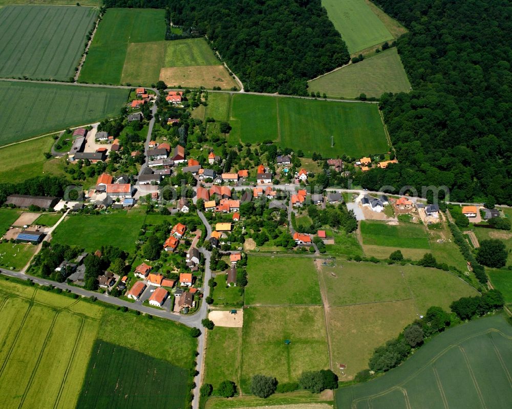 Bördel from above - Agricultural land and field boundaries surround the settlement area of the village in Bördel in the state Lower Saxony, Germany