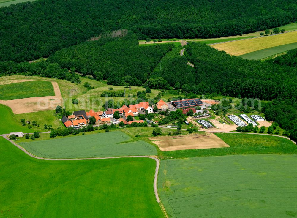 Bremricherhof from above - Agricultural land and field boundaries surround the settlement area of the village in Bremricherhof in the state Rhineland-Palatinate, Germany