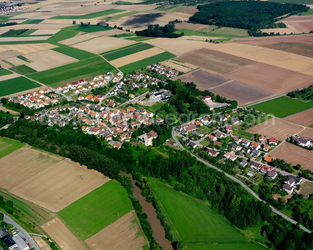 Bürg from the bird's eye view: Agricultural land and field boundaries surround the settlement area of the village in Bürg in the state Baden-Wuerttemberg, Germany