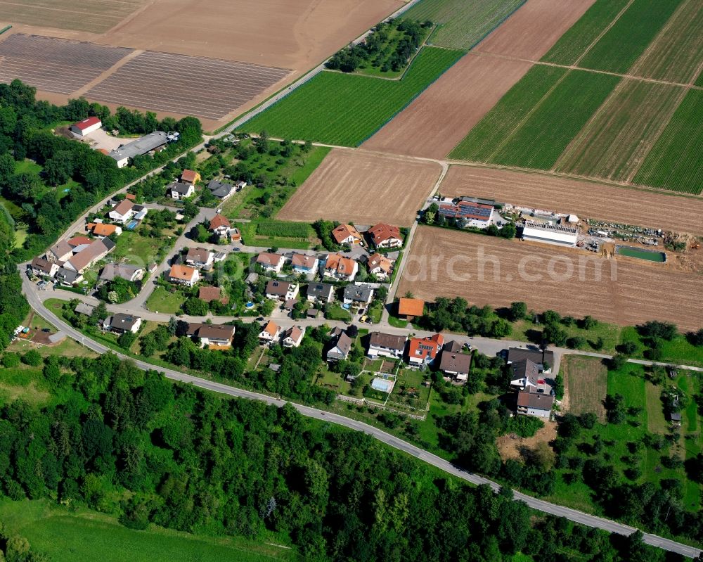 Aerial image Bürg - Agricultural land and field boundaries surround the settlement area of the village in Bürg in the state Baden-Wuerttemberg, Germany