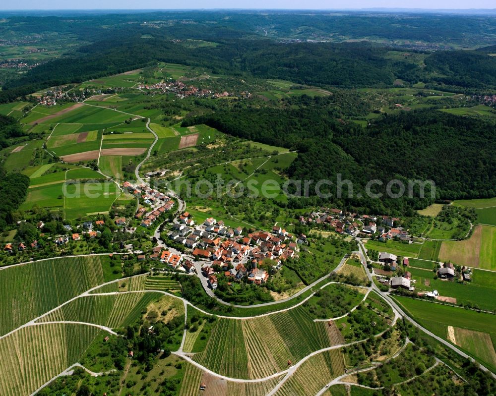 Aerial image Bürg - Agricultural land and field boundaries surround the settlement area of the village in Bürg in the state Baden-Wuerttemberg, Germany