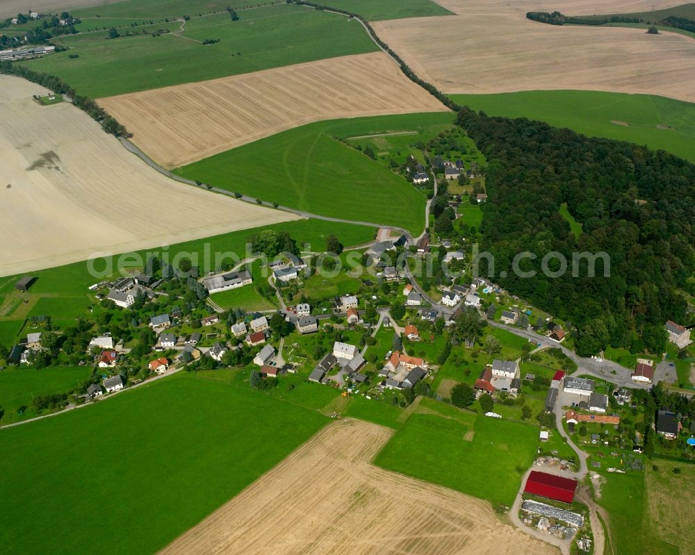 Börnichen from the bird's eye view: Agricultural land and field boundaries surround the settlement area of the village in Börnichen in the state Saxony, Germany