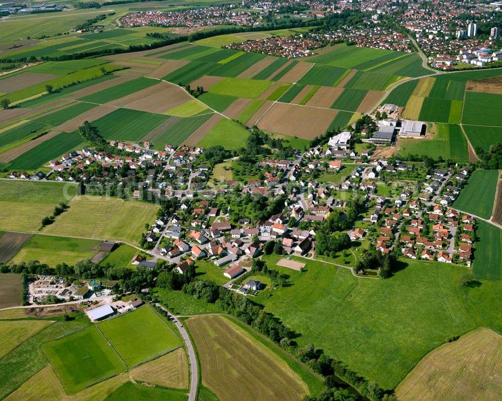 Aerial image Bronnen - Agricultural land and field boundaries surround the settlement area of the village in Bronnen in the state Baden-Wuerttemberg, Germany