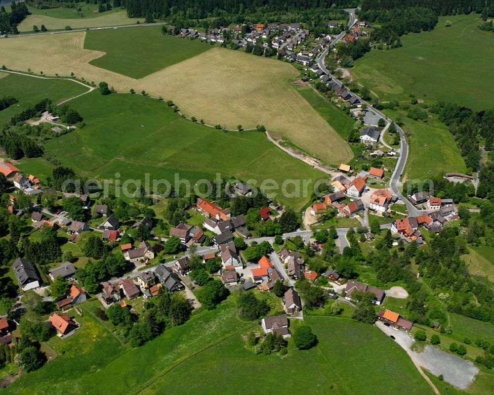Aerial image Buntenbock - Agricultural land and field boundaries surround the settlement area of the village in Buntenbock in the state Lower Saxony, Germany