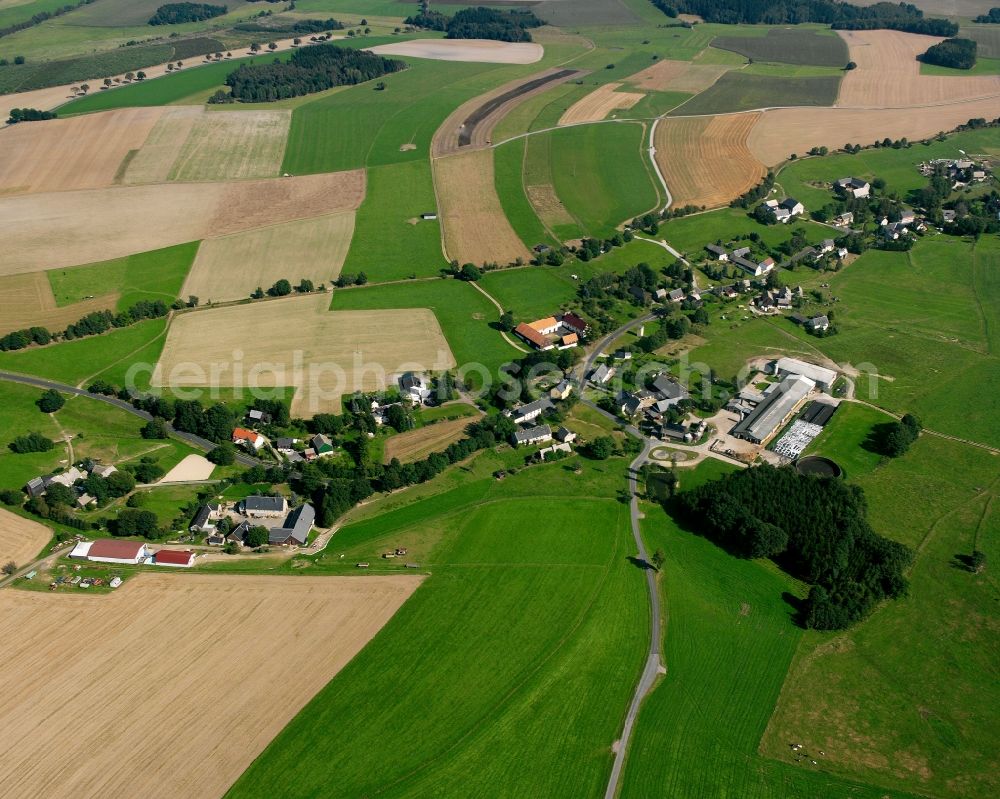 Aerial image Burkersdorf - Agricultural land and field boundaries surround the settlement area of the village in Burkersdorf in the state Saxony, Germany