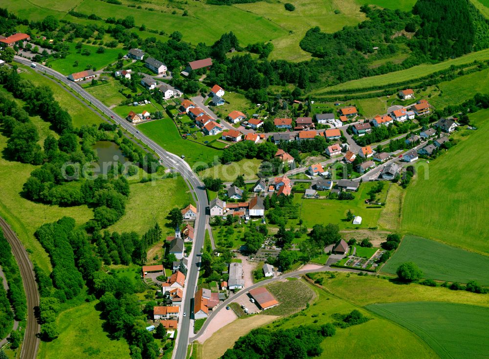 Cölln from the bird's eye view: Agricultural land and field boundaries surround the settlement area of the village in Cölln in the state Rhineland-Palatinate, Germany