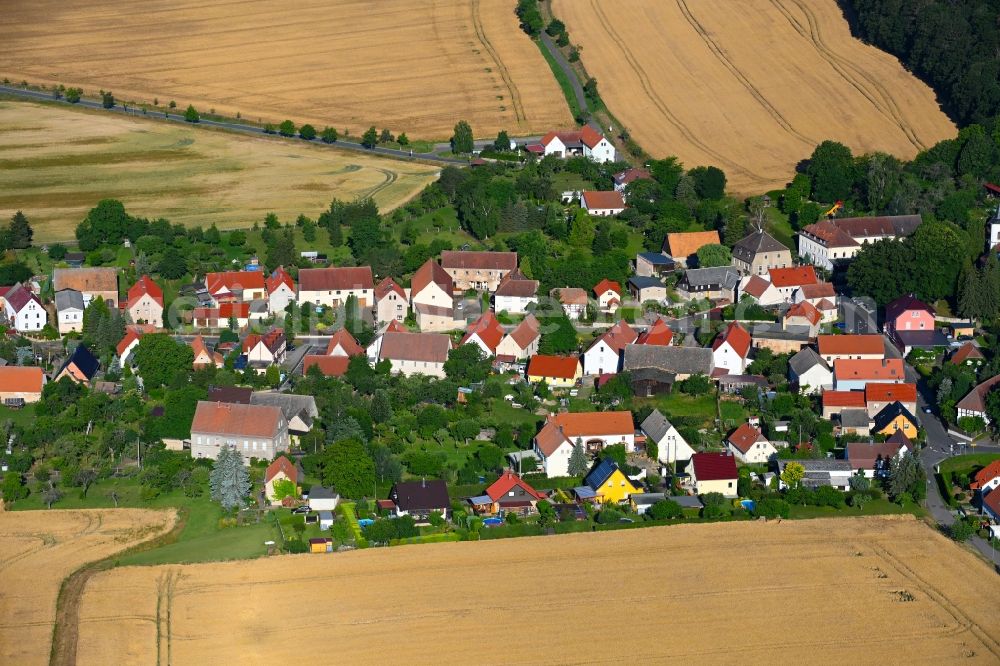 Collm from the bird's eye view: Agricultural land and field boundaries surround the settlement area of the village in Collm in the state Saxony, Germany