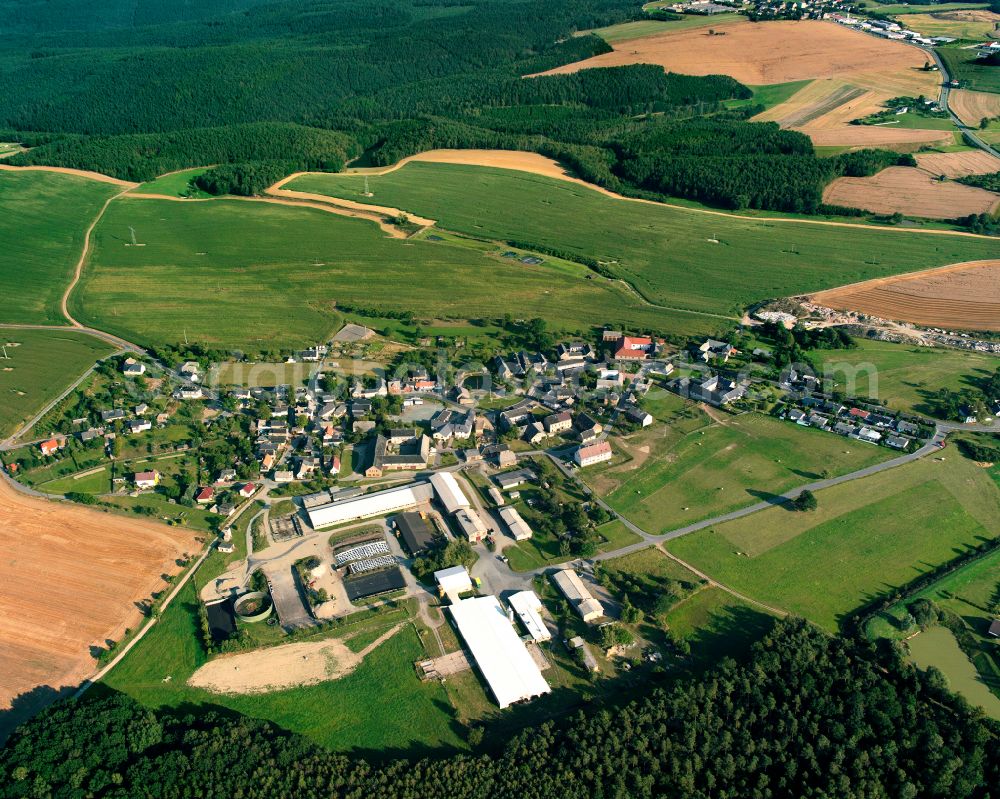 Aerial photograph Daßlitz - Agricultural land and field boundaries surround the settlement area of the village in Daßlitz in the state Thuringia, Germany