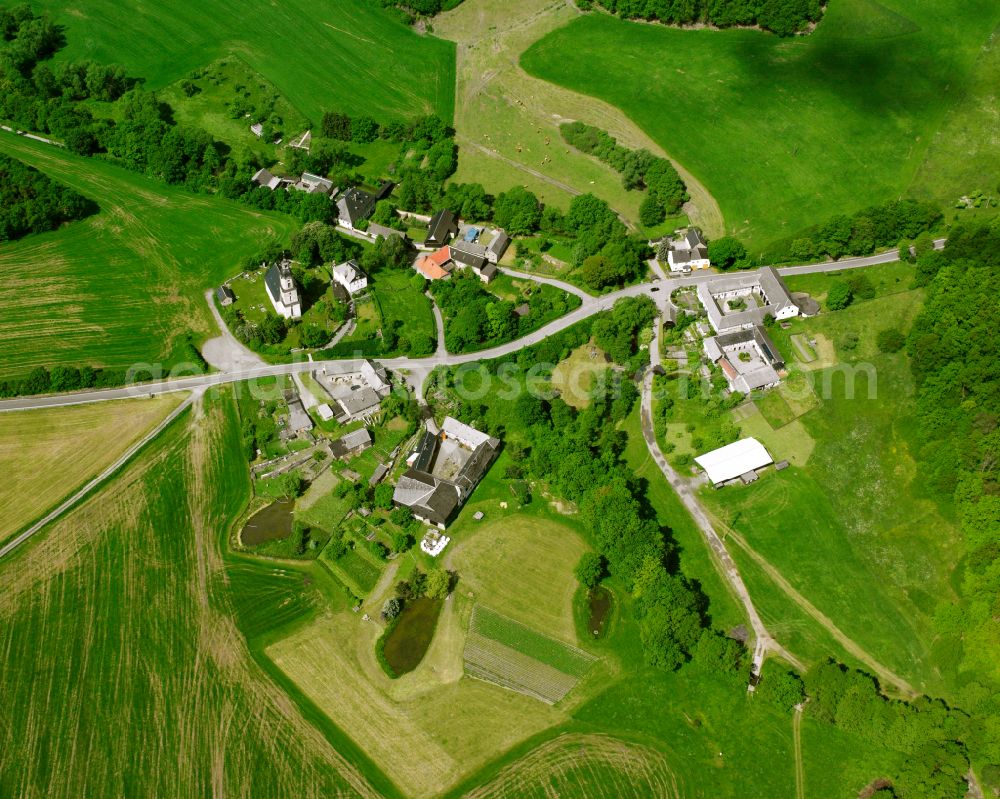 Döhlen from the bird's eye view: Agricultural land and field boundaries surround the settlement area of the village in Döhlen in the state Thuringia, Germany
