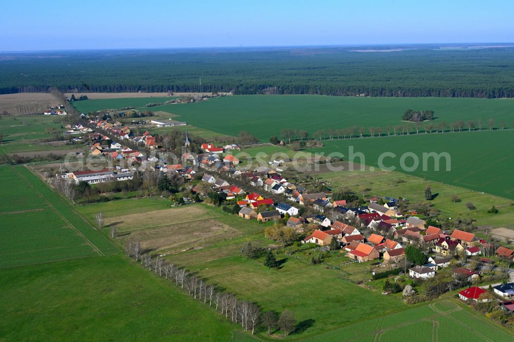 Dierberg from the bird's eye view: Agricultural land and field boundaries surround the settlement area of the village in Dierberg in the state Brandenburg, Germany