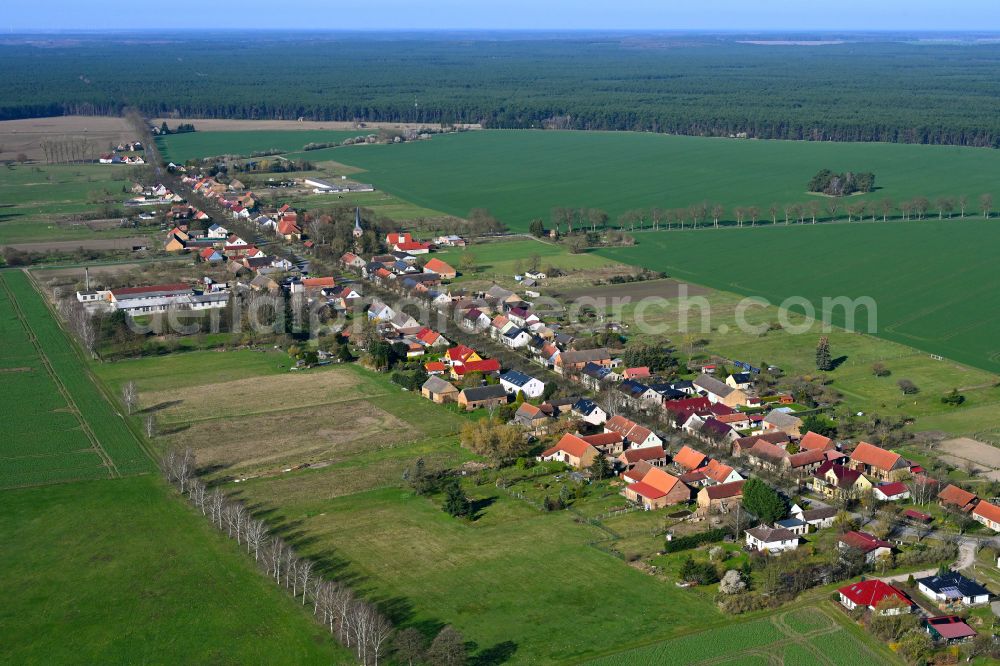 Aerial image Dierberg - Agricultural land and field boundaries surround the settlement area of the village in Dierberg in the state Brandenburg, Germany