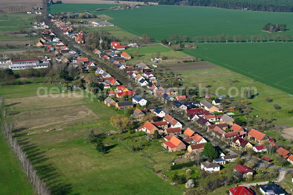 Aerial photograph Dierberg - Agricultural land and field boundaries surround the settlement area of the village in Dierberg in the state Brandenburg, Germany