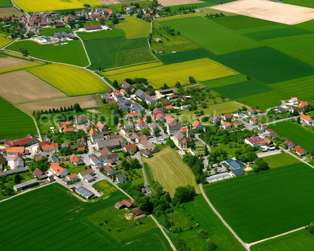 Aerial photograph Dieterskirch - Agricultural land and field boundaries surround the settlement area of the village in Dieterskirch in the state Baden-Wuerttemberg, Germany