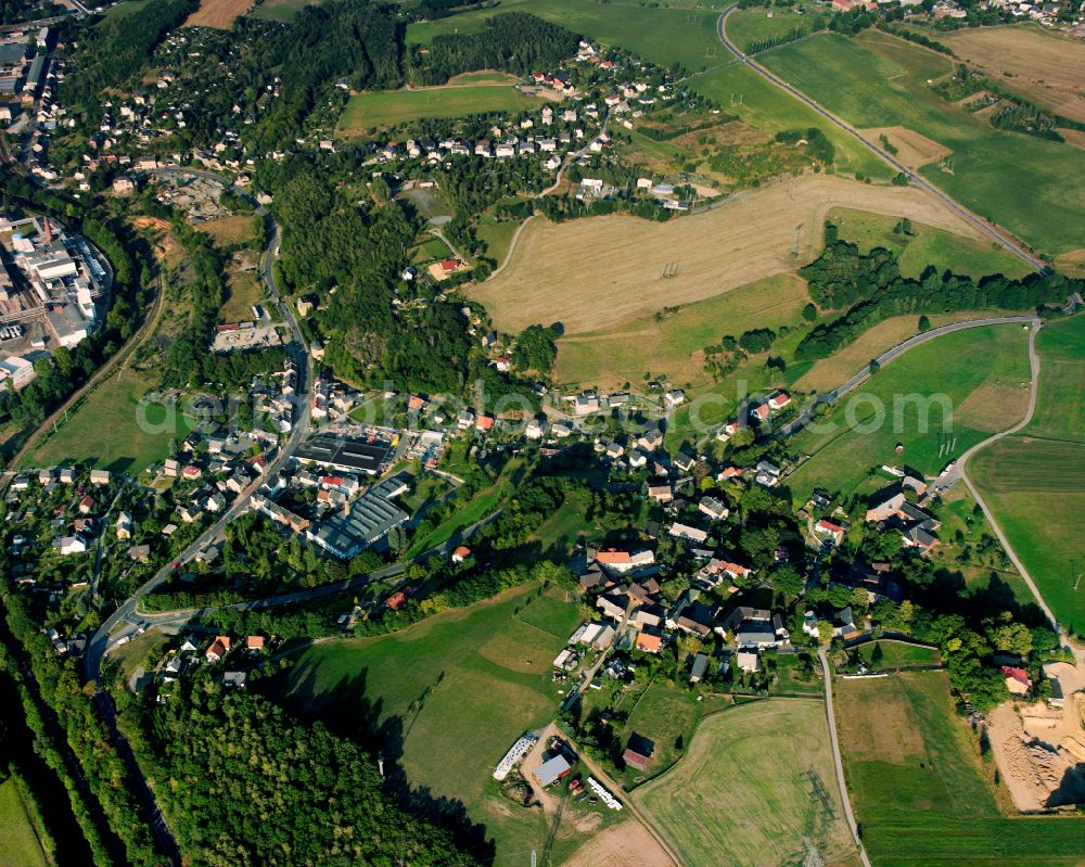 Dölau from the bird's eye view: Agricultural land and field boundaries surround the settlement area of the village in Dölau in the state Thuringia, Germany