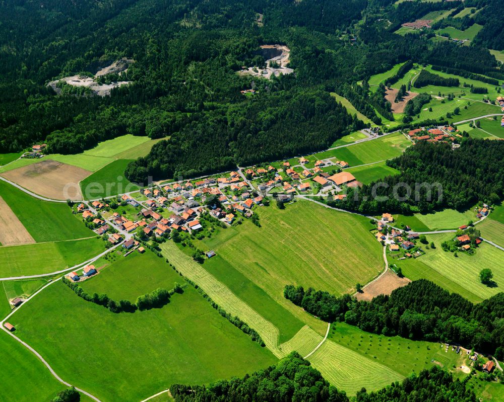 Dorn from the bird's eye view: Agricultural land and field boundaries surround the settlement area of the village in Dorn in the state Bavaria, Germany