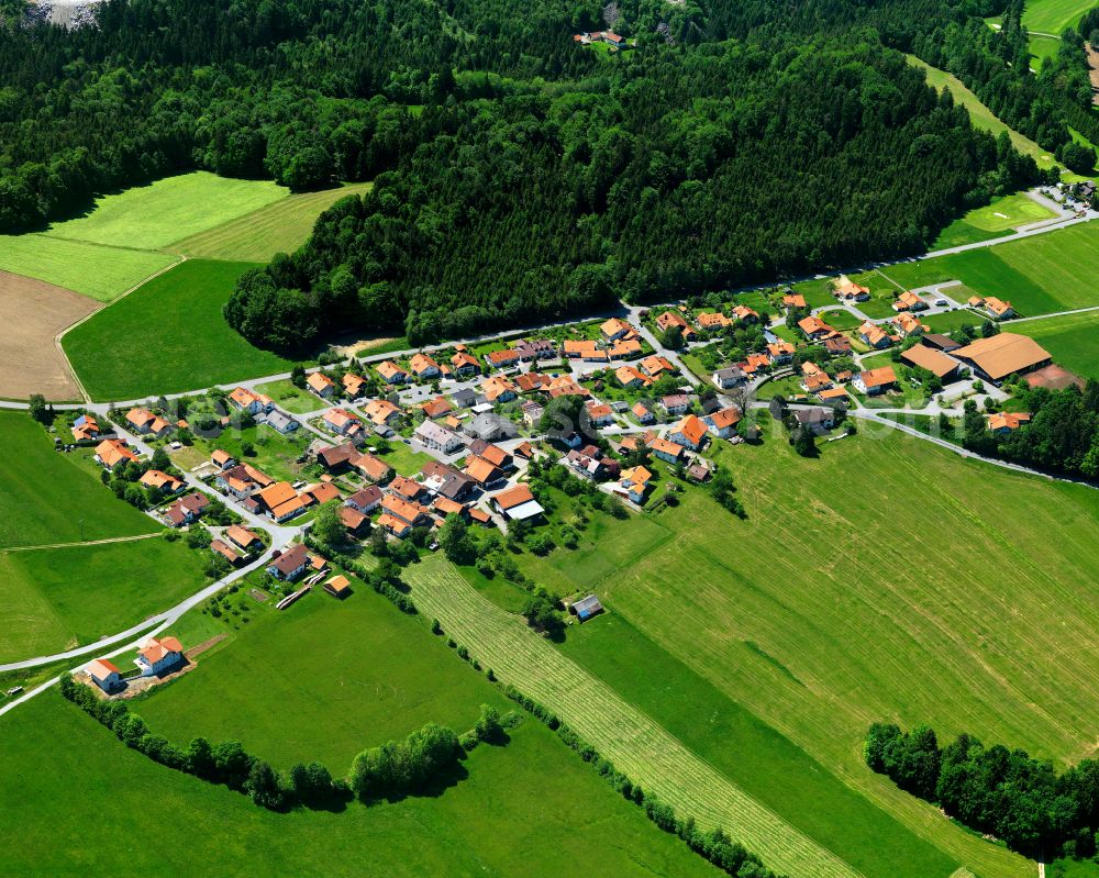 Aerial image Dorn - Agricultural land and field boundaries surround the settlement area of the village in Dorn in the state Bavaria, Germany