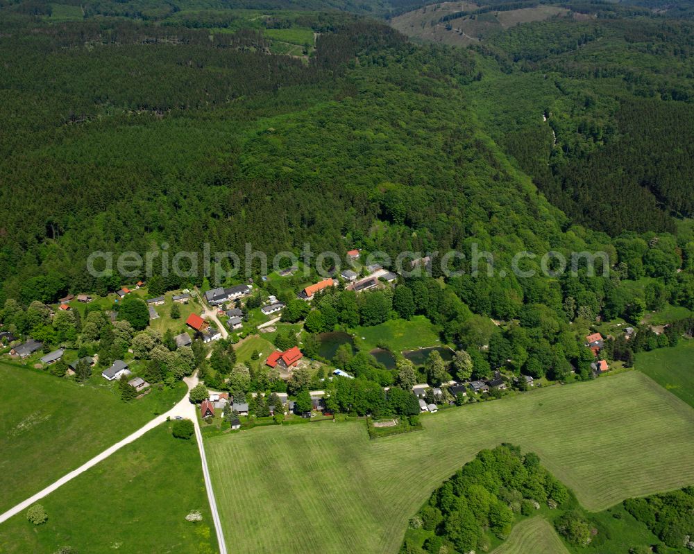 Aerial image Eggeröder Brunnen - Agricultural land and field boundaries surround the settlement area of the village in Eggeröder Brunnen in the state Saxony-Anhalt, Germany