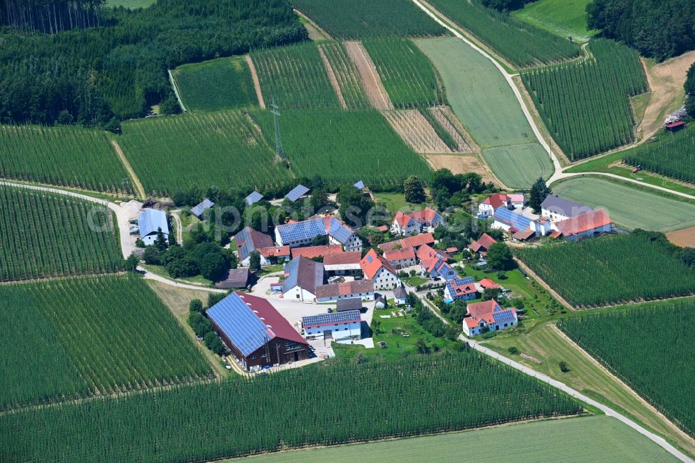 Eja from above - Agricultural land and field boundaries surround the settlement area of the village in Eja in the state Bavaria, Germany