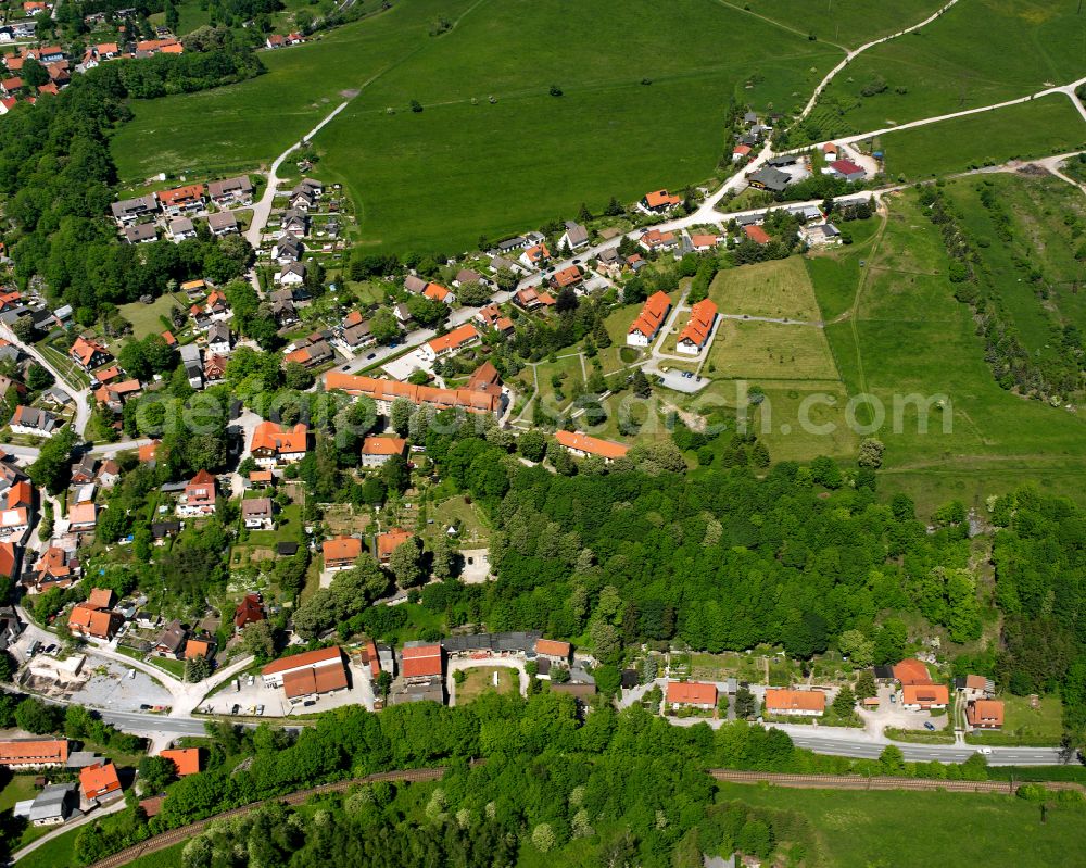 Elbingerode (Harz) from the bird's eye view: Agricultural land and field boundaries surround the settlement area of the village in Elbingerode (Harz) in the state Saxony-Anhalt, Germany