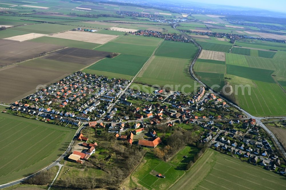 Heyersum from above - Agricultural land and field boundaries surround the settlement area of the village along the Gronauer Strasse in Heyersum in the state Lower Saxony, Germany