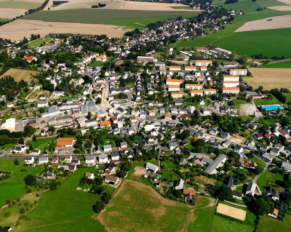 Eppendorf from above - Agricultural land and field boundaries surround the settlement area of the village in Eppendorf in the state Saxony, Germany