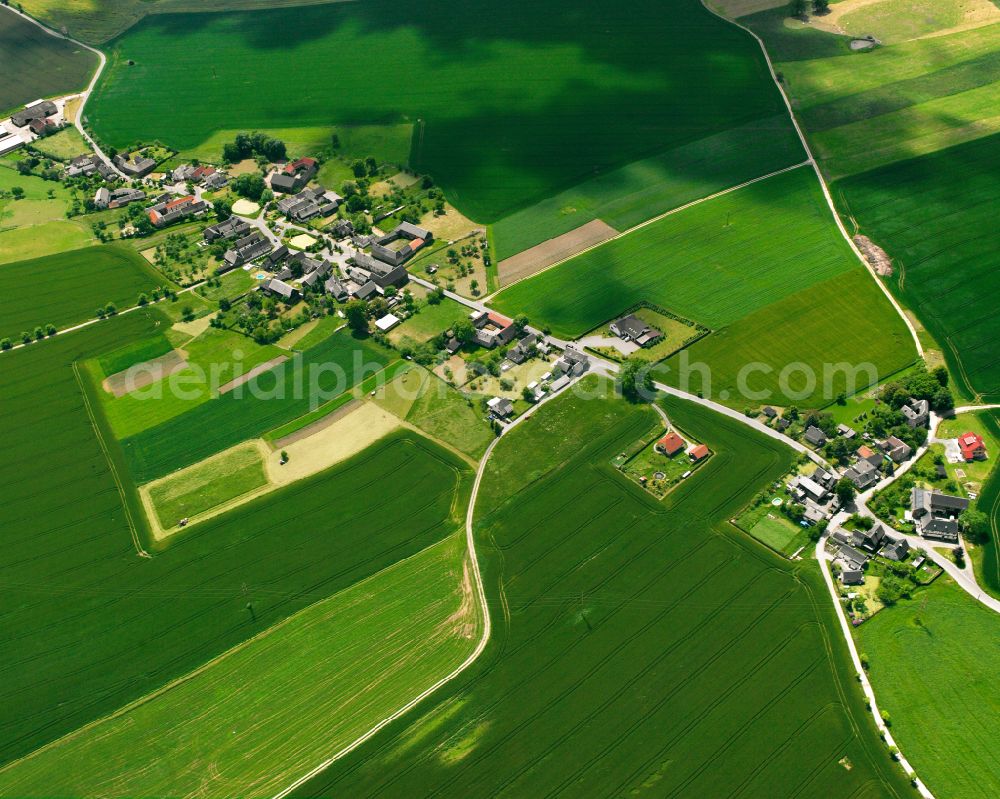 Aerial image Erbengrün - Agricultural land and field boundaries surround the settlement area of the village in Erbengrün in the state Thuringia, Germany