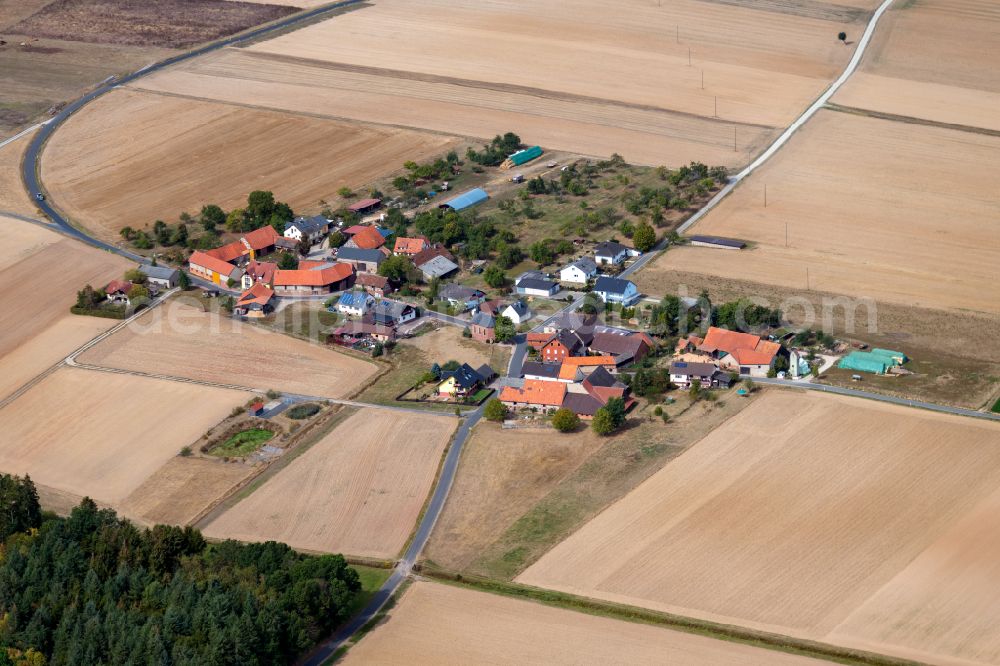 Erlenbach from the bird's eye view: Agricultural land and field boundaries surround the settlement area of the village in Erlenbach in the state Bavaria, Germany