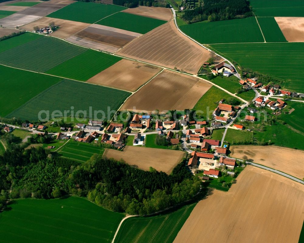 Eschlbach from the bird's eye view: Agricultural land and field boundaries surround the settlement area of the village in Eschlbach in the state Bavaria, Germany