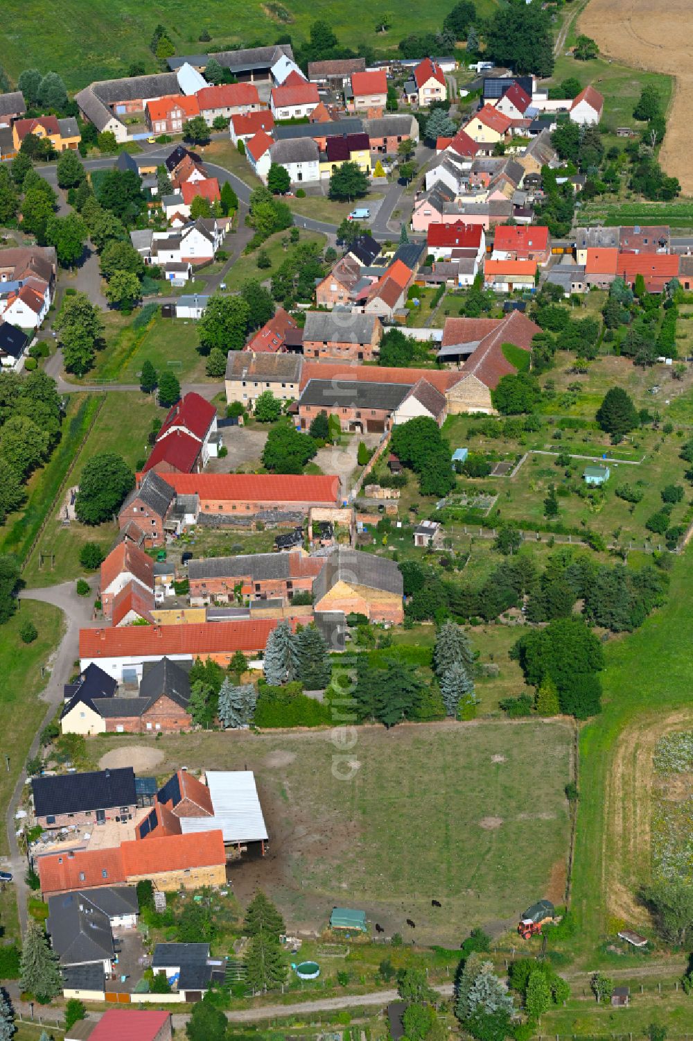 Eutzsch from the bird's eye view: Agricultural land and field boundaries surround the settlement area of the village in Eutzsch in the state Saxony-Anhalt, Germany